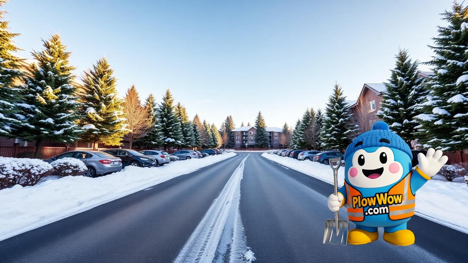 Wow mascot standing alone on a freshly plowed Metro Vancouver strata townhouse driveway with tidy salted walkways, mailbox kiosk and evergreens in the background under a bright winter sky