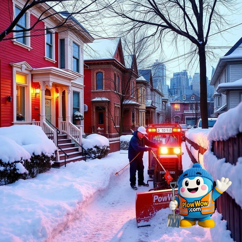 Strathcona East Vancouver snow removal — PlowWow crew clearing a snowy heritage-home walkway and narrow rear lane in historic Strathcona with brightly painted Victorian houses and the downtown Vancouver skyline behind