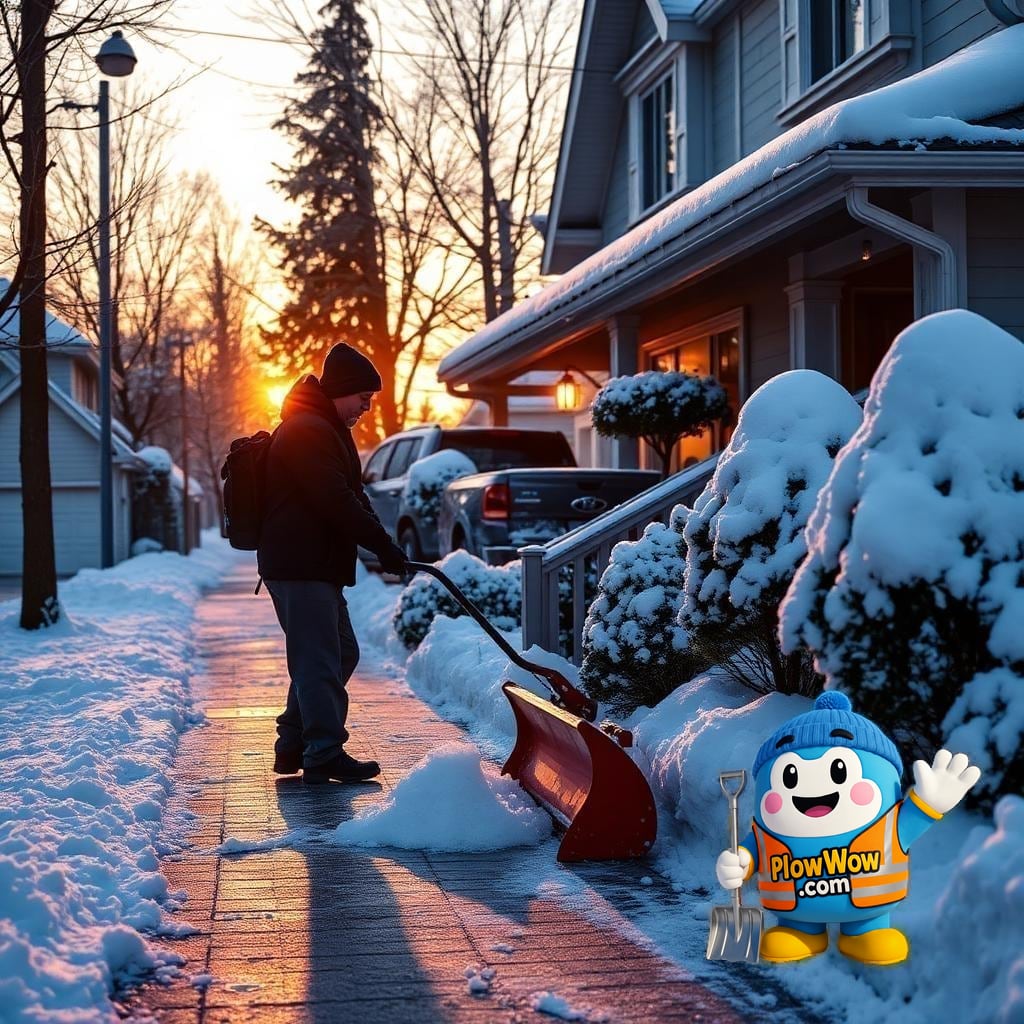 Suncrest Burnaby snow removal — PlowWow operator shoveling and salting the front walk of a snowy character home on a quiet residential street in Suncrest at sunrise