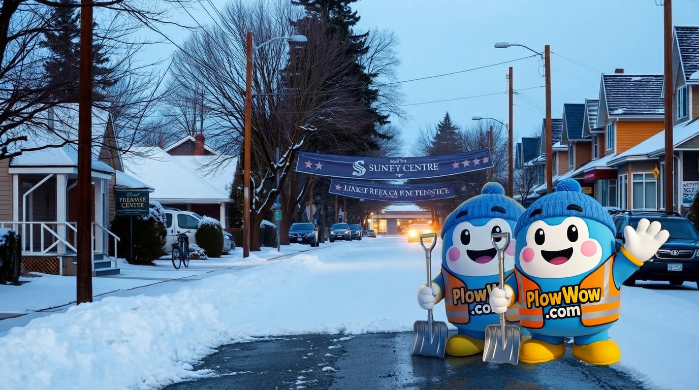 PlowWow mascot waving on a snowy Sunset Vancouver residential street at blue dawn with the Sunset Community Centre banner and Fraser Street storefronts in the distance