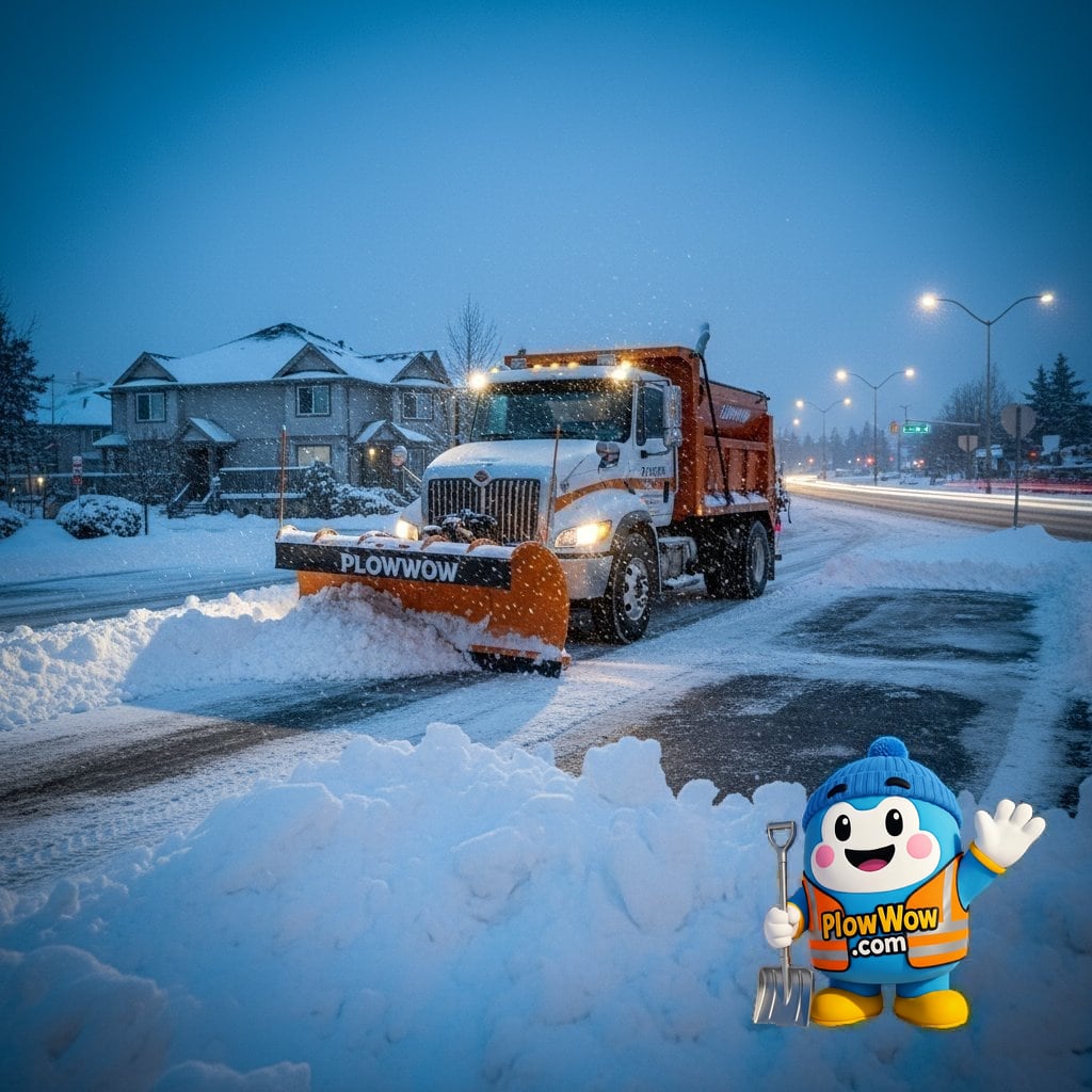 PlowWow Wow mascot with an illustrated winter property scene for Surrey snow-assistance planning