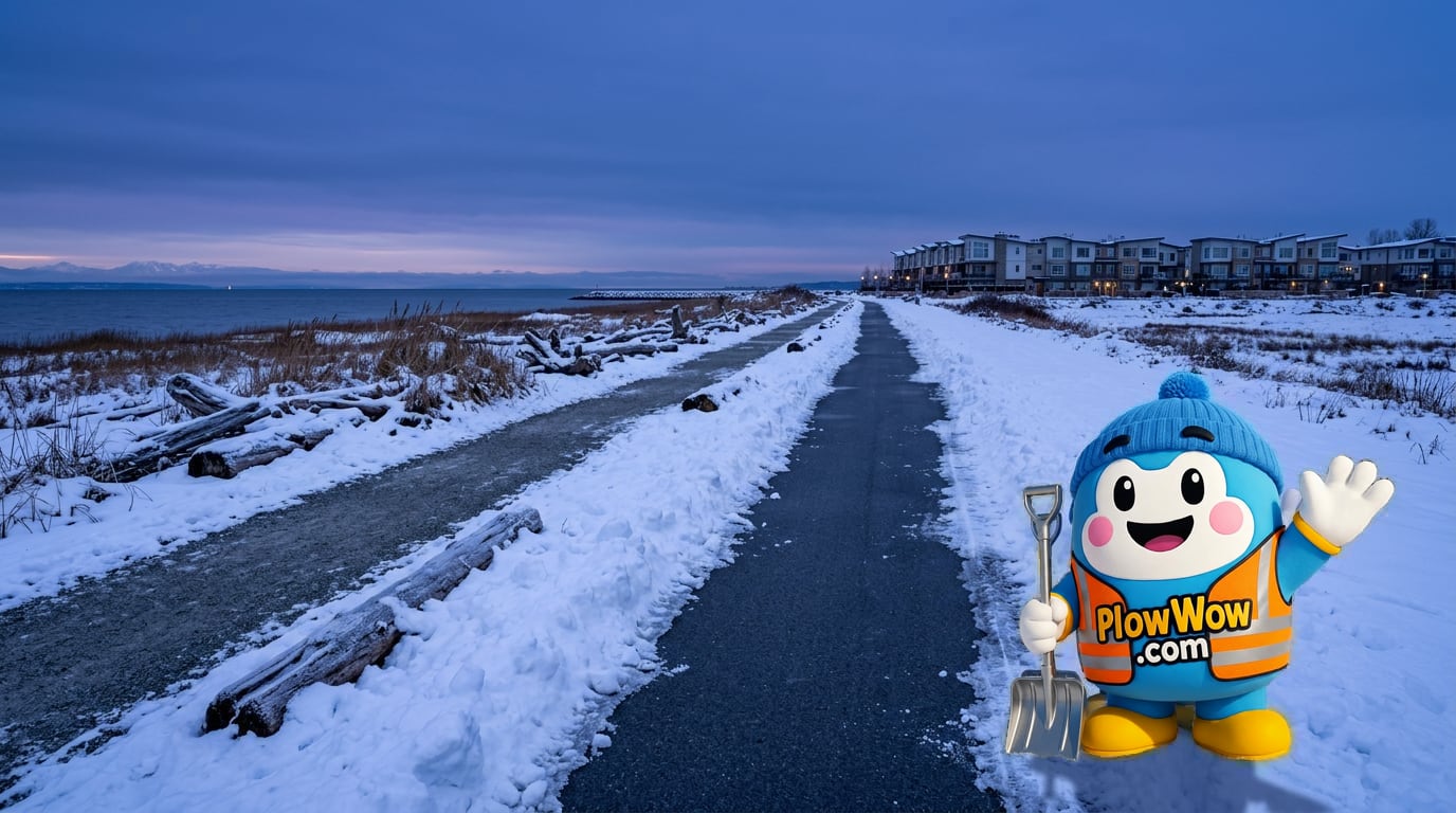 PlowWow mascot standing on a plowed Terra Nova Richmond waterfront pathway at blue dawn with snow-dusted dyke trail, salt marsh grasses and the Gulf of Georgia horizon behind