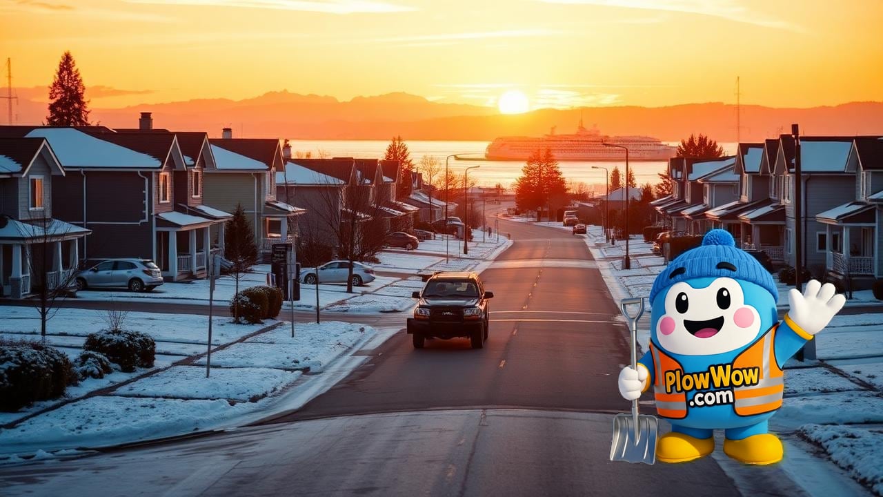 Quiet snow-dusted seaside street in Tsawwassen at sunset with BC Ferries terminal in the distance