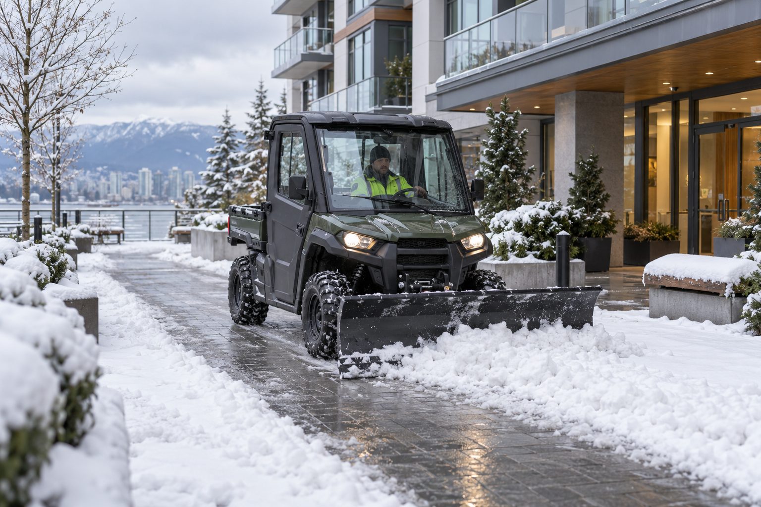 A compact UTV with a front snow blade clearing a broad paved promenade beside an imagined Vancouver-style strata building