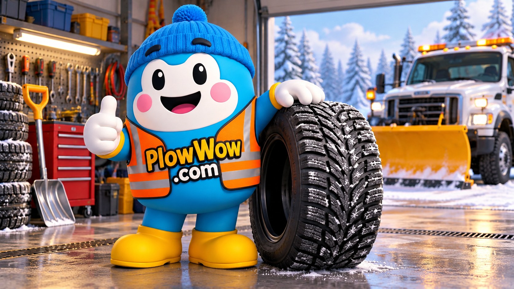 The approved PlowWow Wow mascot beside a winter tire in a fictional snow-service preparation garage