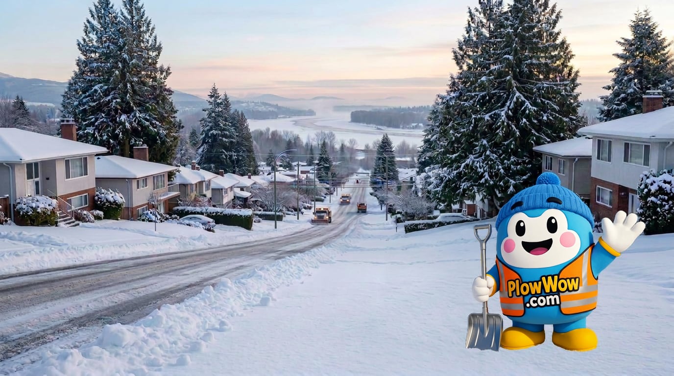 PlowWow mascot waving beside a plowed Victoria-Fraserview Vancouver street at blue dawn, snow-dusted trees and Vancouver landmarks in the background — Victoria-Fraserview Vancouver snow removal