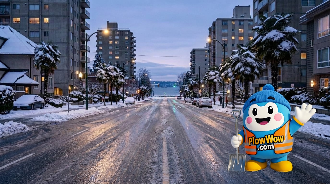 West End Vancouver snow removal — PlowWow mascot waving on a freshly plowed Davie Street at blue dawn with snow-dusted mid-century towers and English Bay in the distance