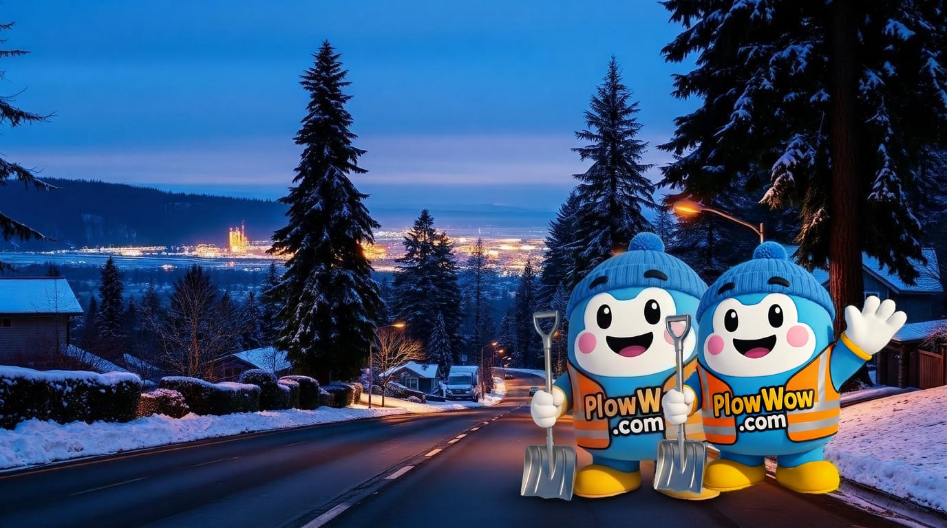 PlowWow mascot waving on a plowed Westridge Burnaby hillside street at blue dawn with Burrard Inlet, refinery lights and Douglas-fir stands in the distance