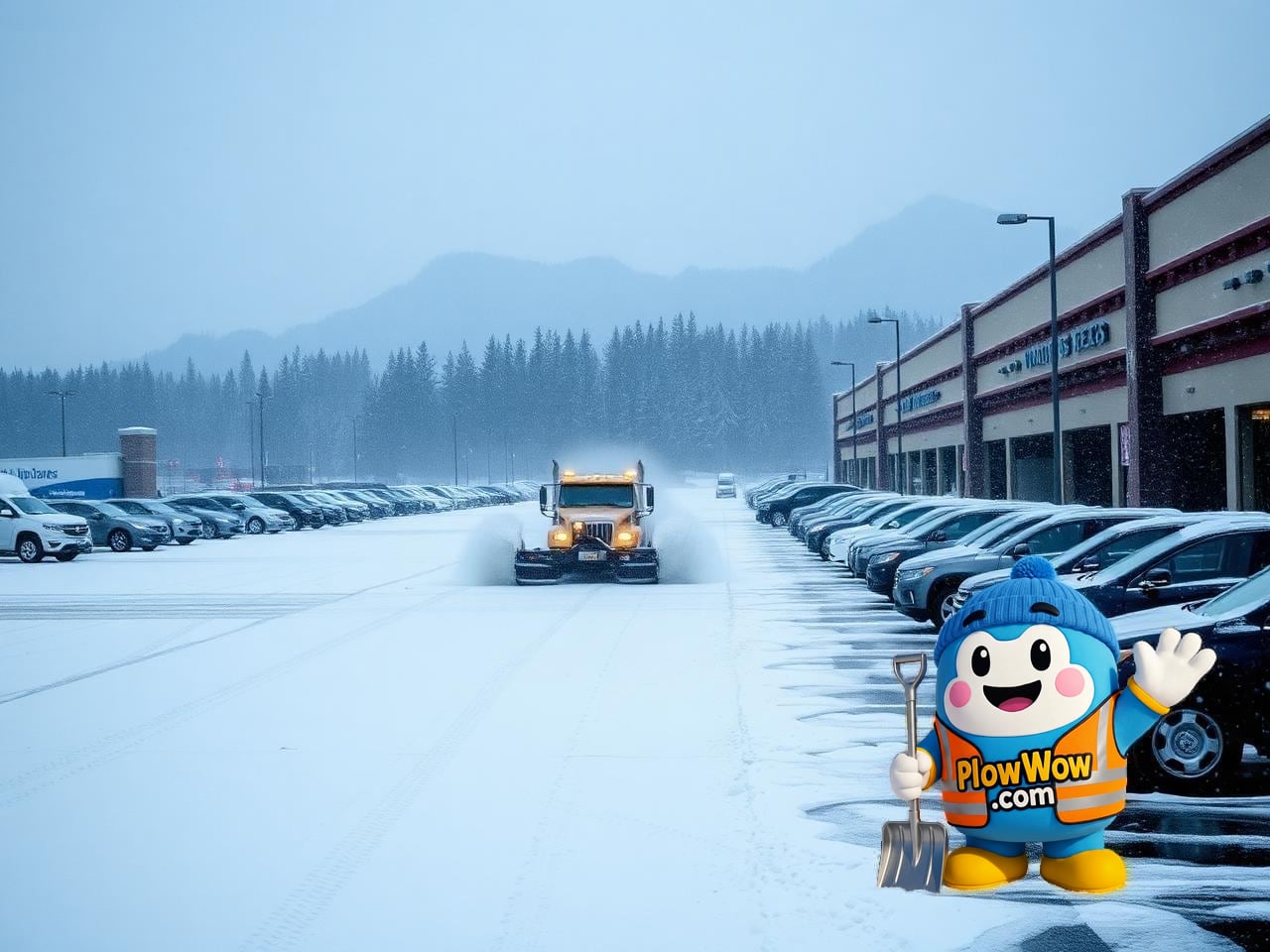 PlowWow plow truck clearing a large Westwood Plateau parking lot during heavy Coquitlam snowfall