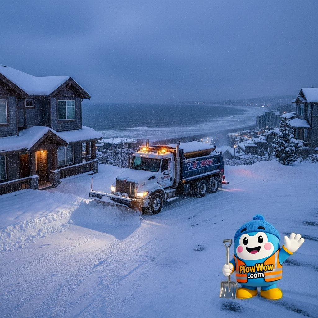 A PlowWow commercial plow truck clearing a White Rock strata complex during a heavy winter snowfall event