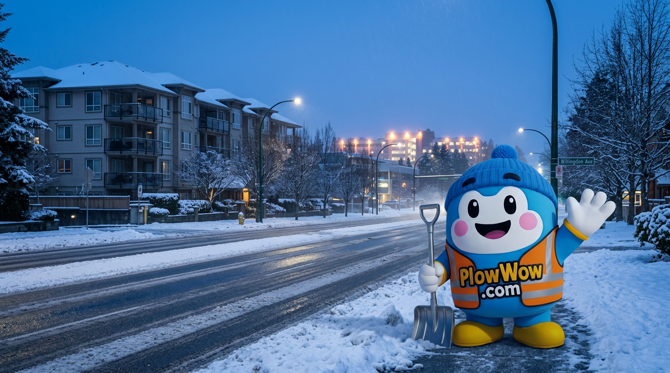 Willingdon Heights snow removal — PlowWow mascot waving on a Willingdon Avenue at blue dawn with plowed lanes, snow-dusted mid-rise strata and BCIT campus lights in the distance