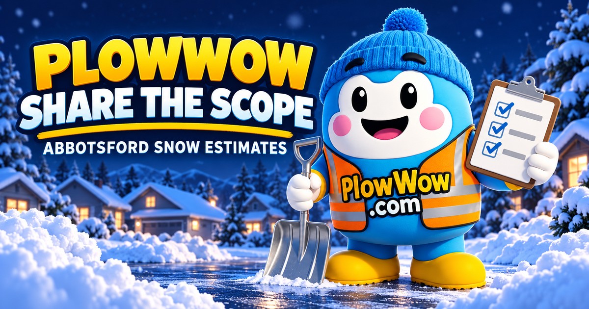 AI-generated PlowWow illustration: Wow in a blue beanie and orange PlowWow vest beside Share the Scope lettering in an illustrated Abbotsford winter setting