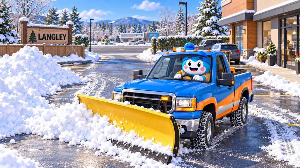 Wow plows a private lot toward an on-site snow pile while keeping the entrance and pedestrian route clear. AI illustration by PlowWow.