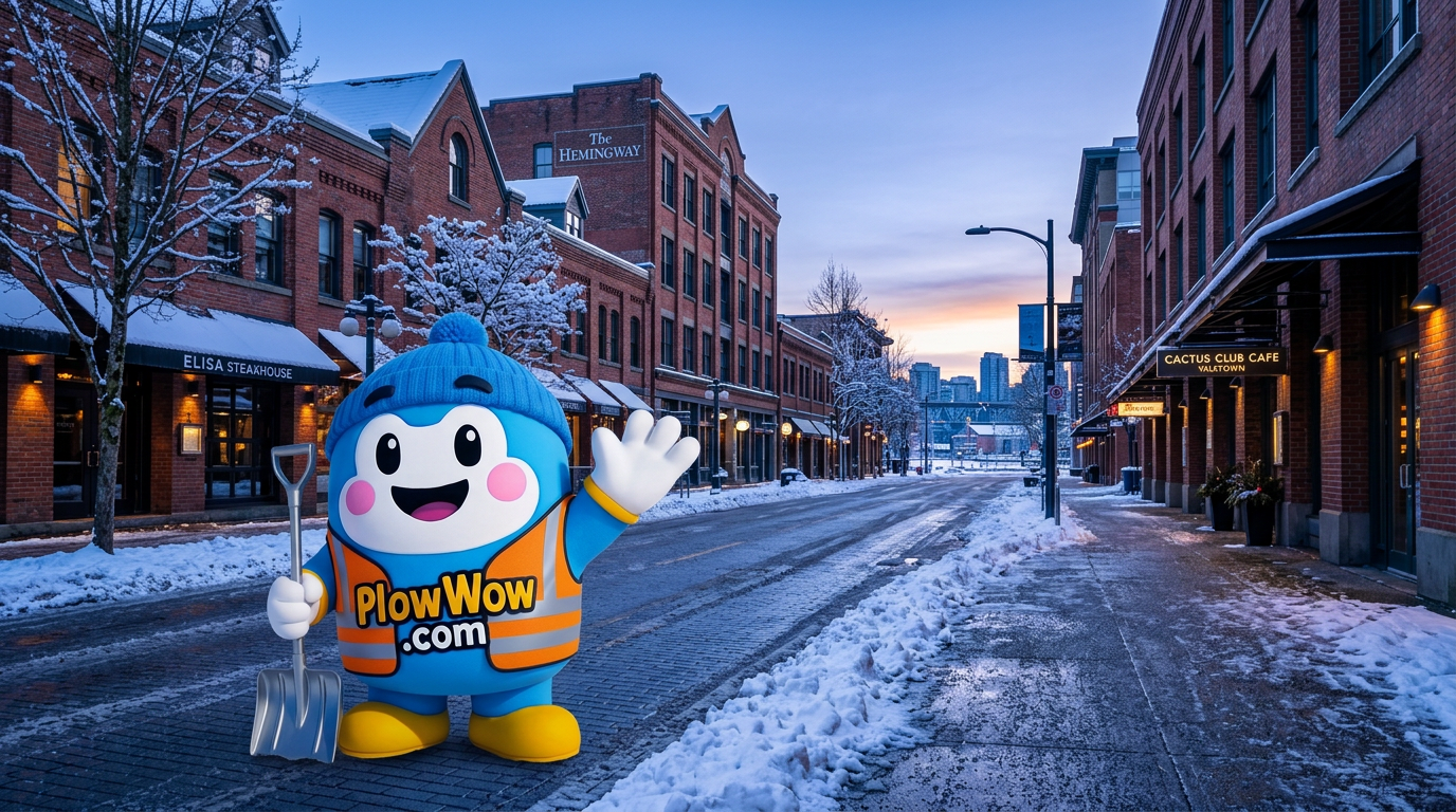 Yaletown Vancouver snow removal — PlowWow mascot waving on a plowed Mainland Street at blue dawn with snow-dusted heritage brick warehouses and False Creek in the distance