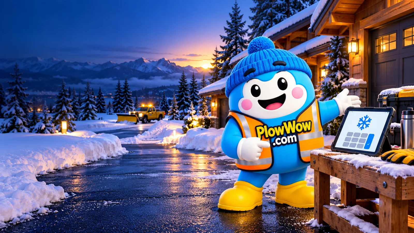 Wow with a tablet beside a cleared driveway and snowy West Coast house