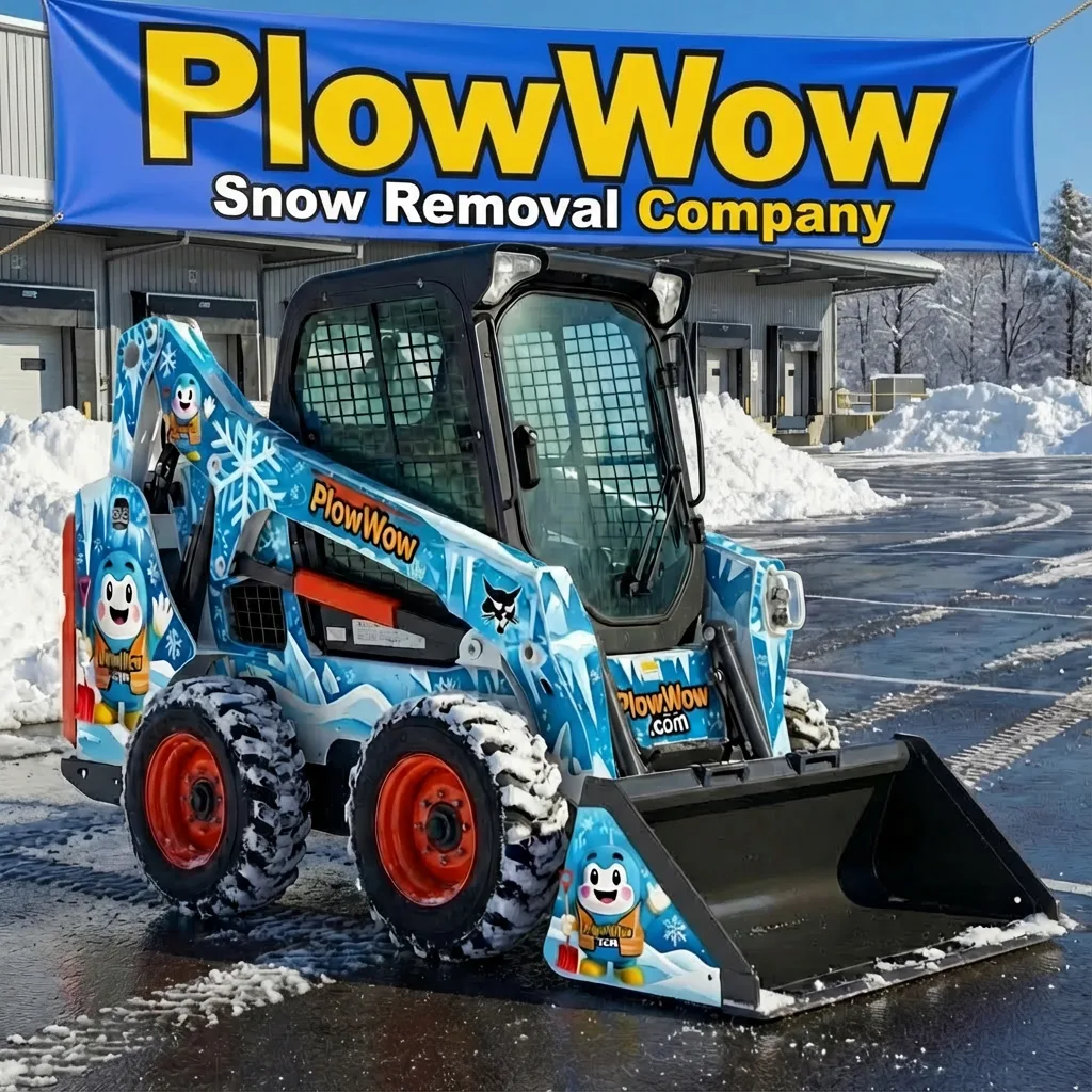 Existing PlowWow branded skid steer artwork with a snow-clearing bucket and Wow wrap