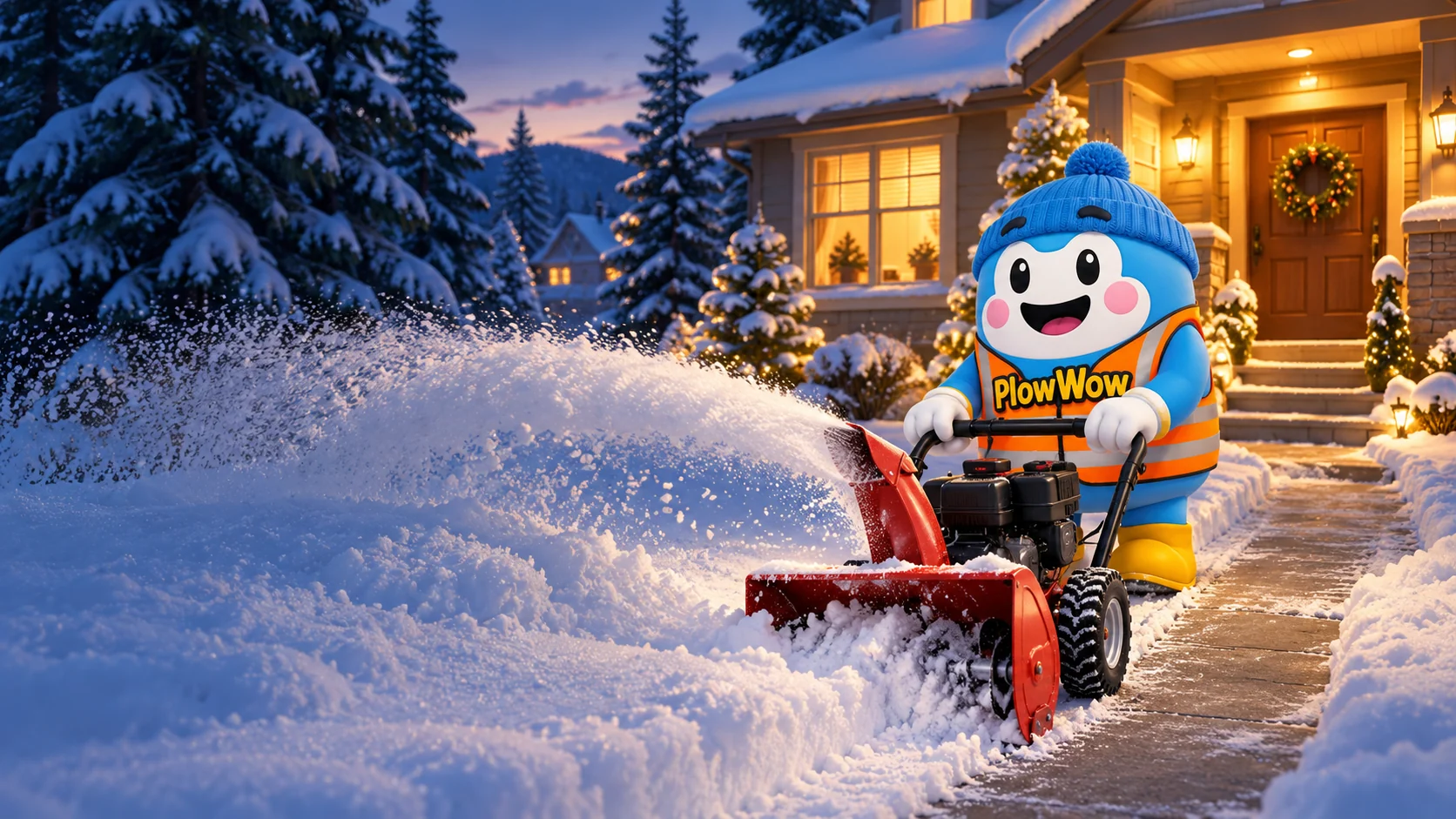 Wow operating a compact snow blower on a cleared residential path beside a snowy driveway