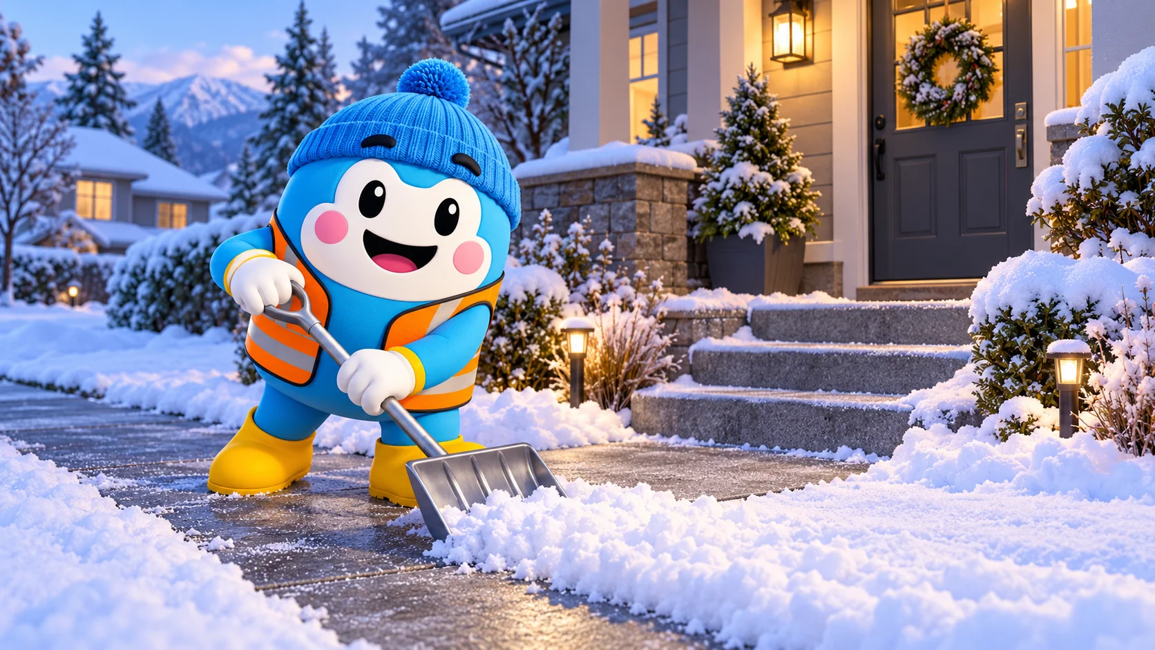 Wow shoveling a short residential walkway beside front entrance steps