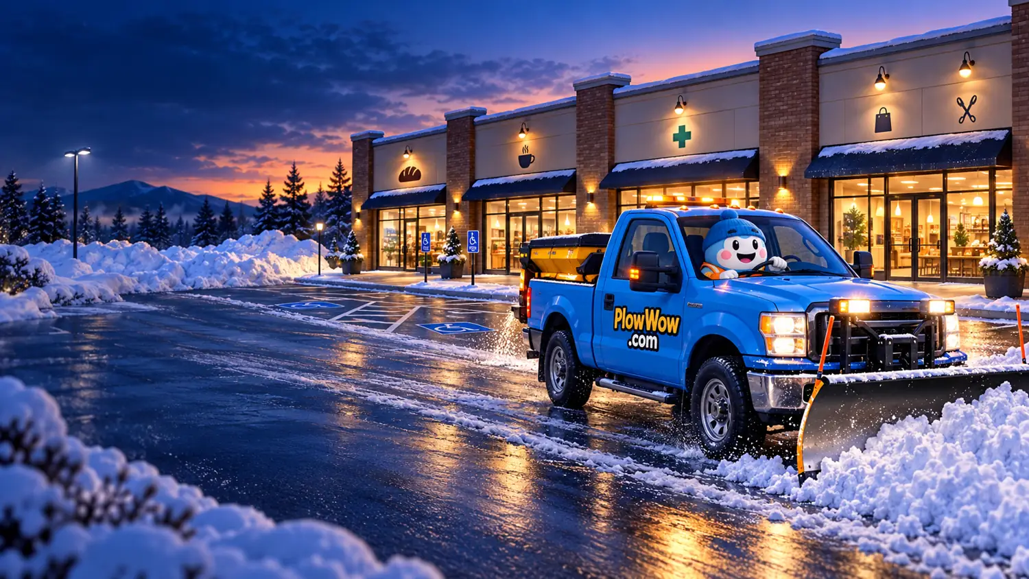 Wow operating a pickup plow beside a small shopping plaza, with parking access cleared