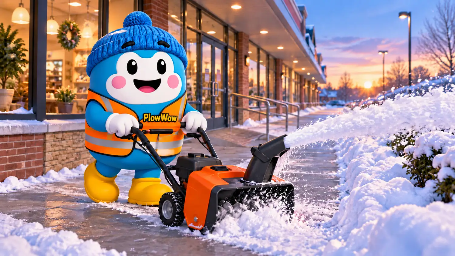 Wow operating a compact snow blower along the storefront sidewalk, directing snow toward a planted edge