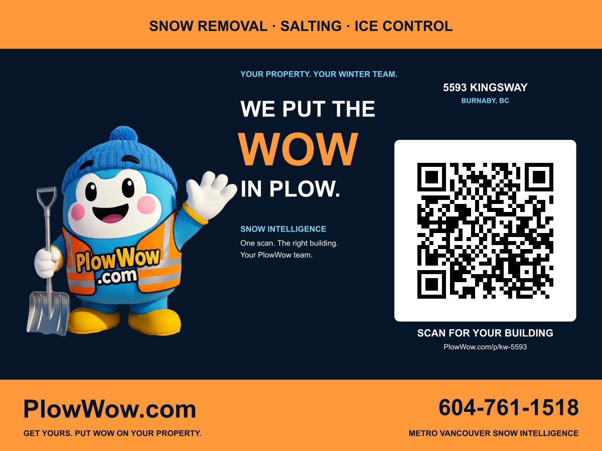 The PlowWow lawn sign and unique QR code for 5593 Kingsway