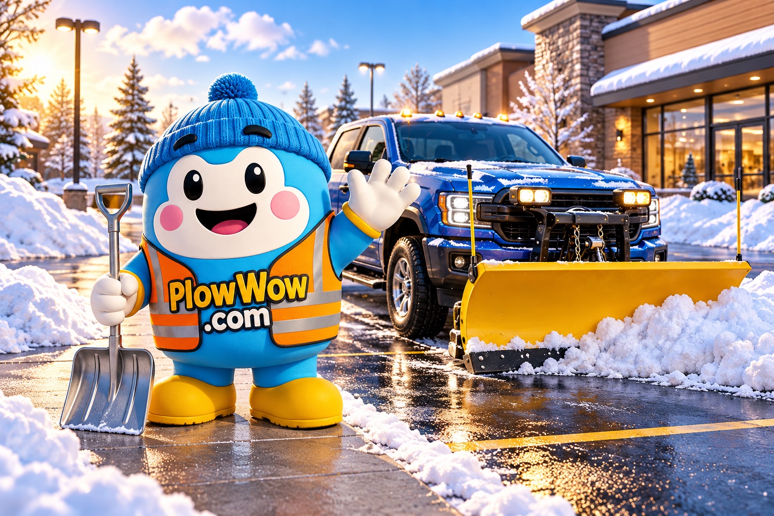 Wow beside a yellow snowplow at a commercial property