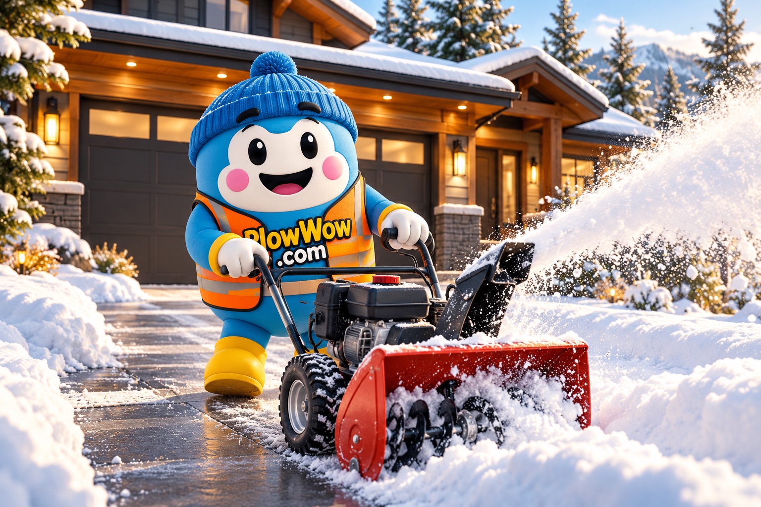 Wow operating a snow blower on a residential driveway